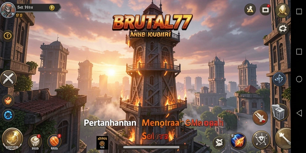 Screenshot gameplay BRUTAL77 menunjukkan aksi pertahanan menara yang mendebarkan.