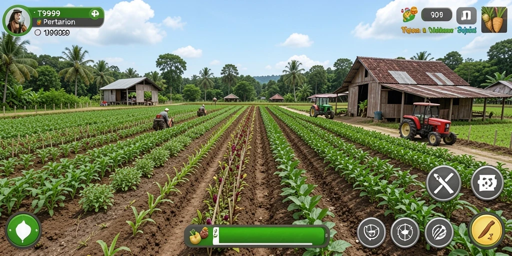 Tangkapan layar T9999 menunjukkan gameplay pertanian yang menarik dan menyenangkan.